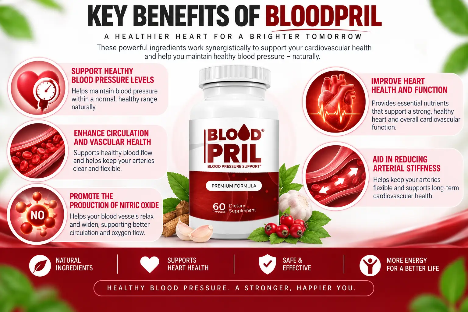 Key benefits of BloodPril — support healthy blood pressure, enhance circulation, promote nitric oxide production, improve heart health, aid in reducing arterial stiffness