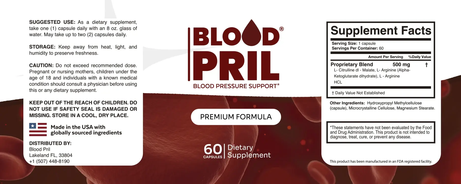 BloodPril supplement label — suggested use, storage, caution, and Supplement Facts with 500 mg proprietary blend of L-Citrulline DL-Malate, L-Arginine, and L-Arginine HCL